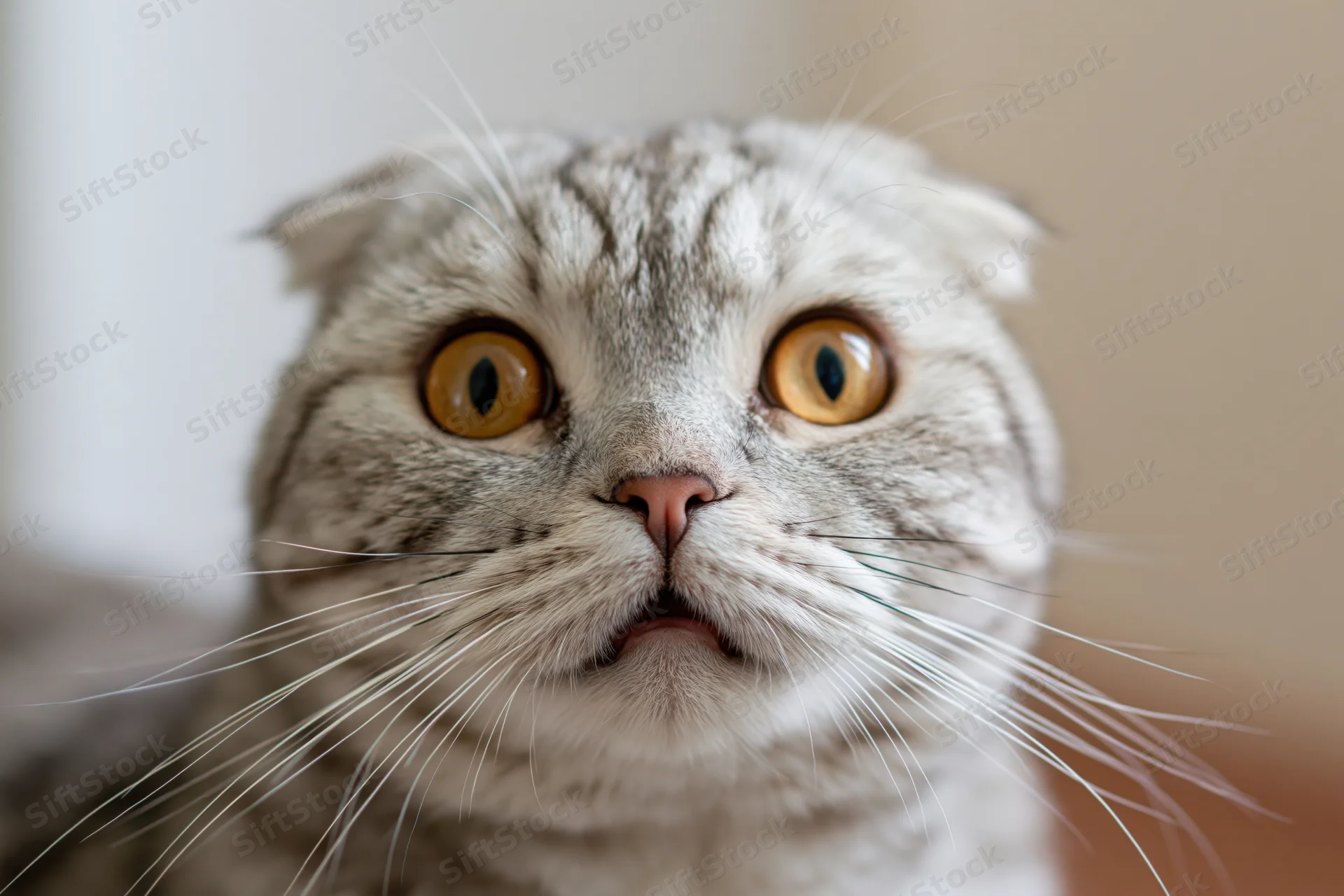 Scottishfold cat staring directly at camera with wide eyes in indoor setting