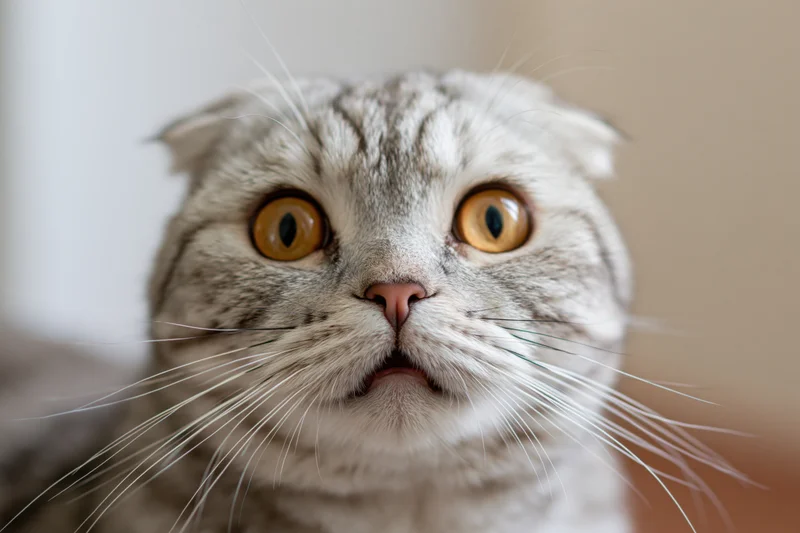 Scottishfold cat staring directly at camera with wide eyes in indoor setting