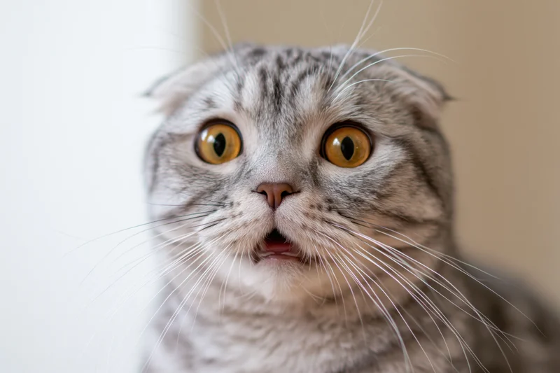 Scottishfold cat with wide yellow eyes staring directly at camera in closeup portrait