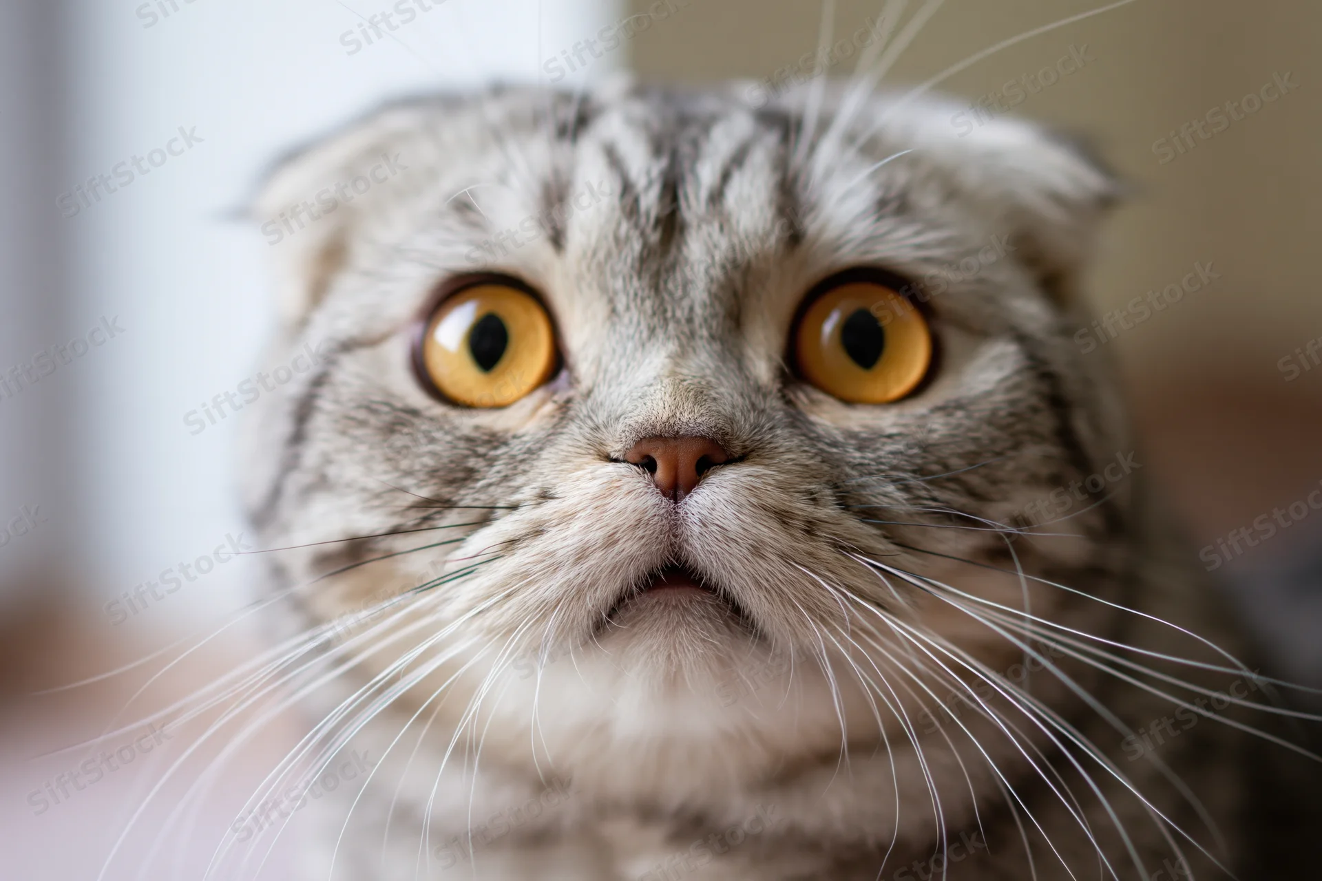 Scottishfold cat staring directly at camera with wide yellow eyes in closeup portrait