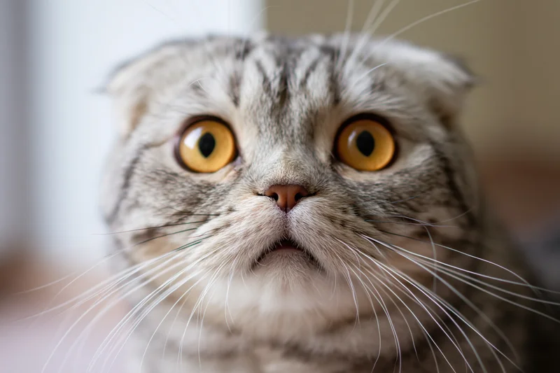 Scottishfold cat staring directly at camera with wide yellow eyes in closeup portrait