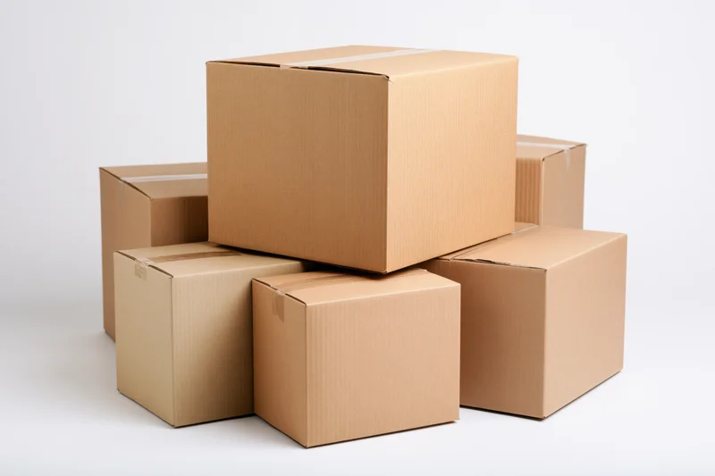 Stacked cardboard shipping boxes arranged in a pile on a white background