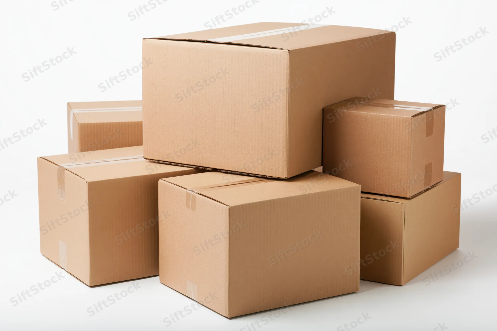 Stacked cardboard shipping boxes of varying sizes on a white surface