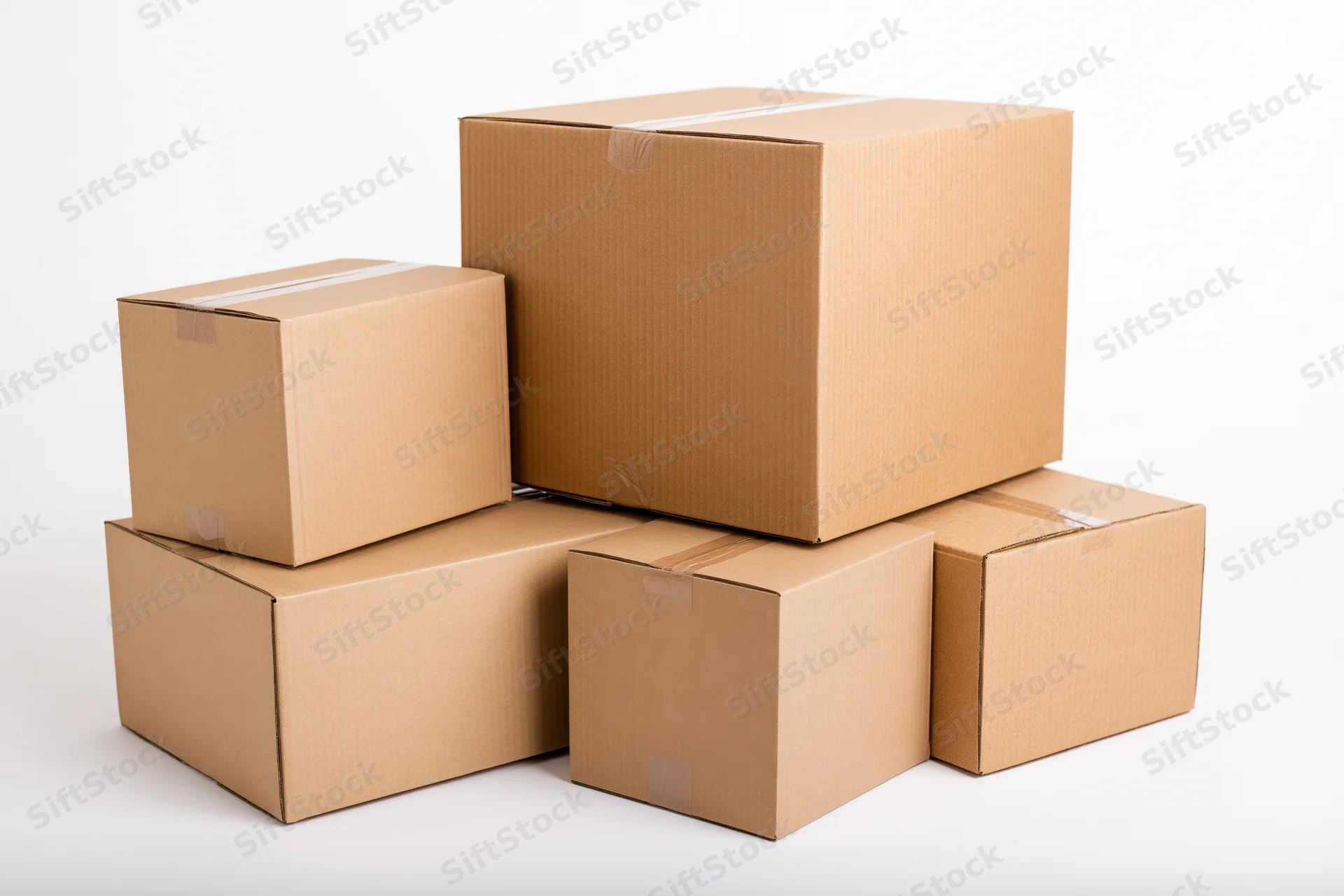 Stacked cardboard shipping boxes on white background