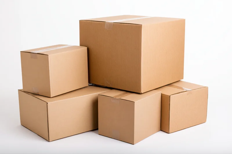Stacked cardboard shipping boxes on white background