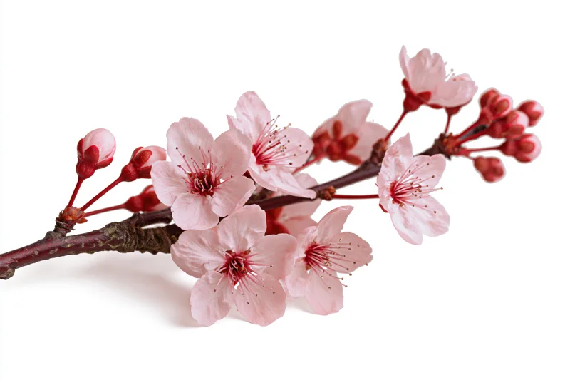 Cherry blossom branch with soft pink blooms and red buds on white background