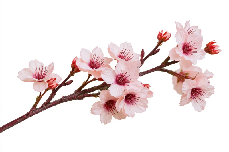 Cherry blossom branch with soft pink blooms and red buds on white background