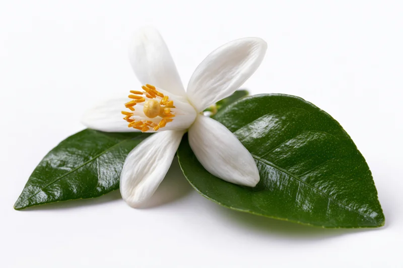 White citrus blossom with yellow stamens resting on green leaves against white background
