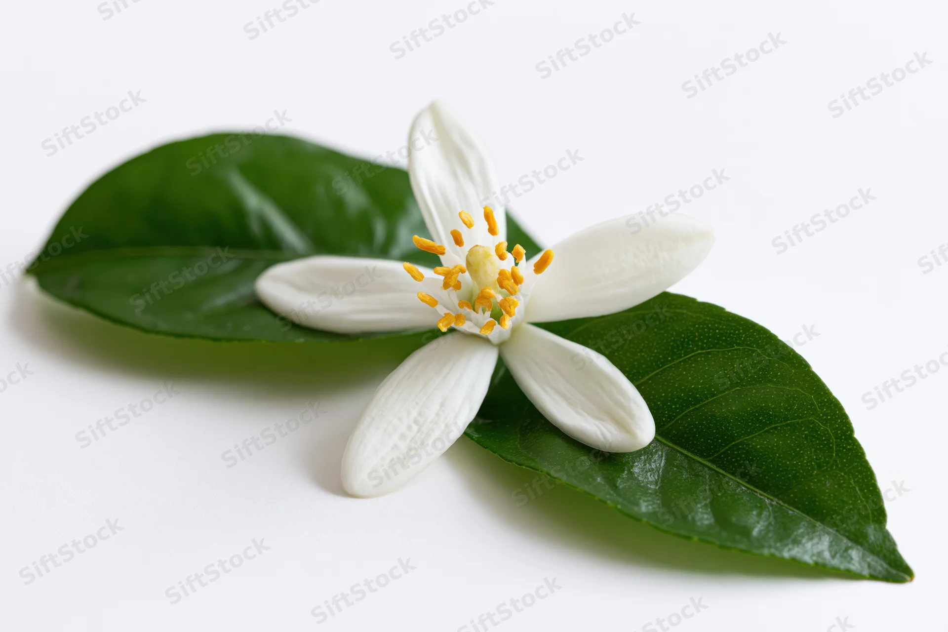 White citrus blossom with yellow stamens resting on green leaves against white background