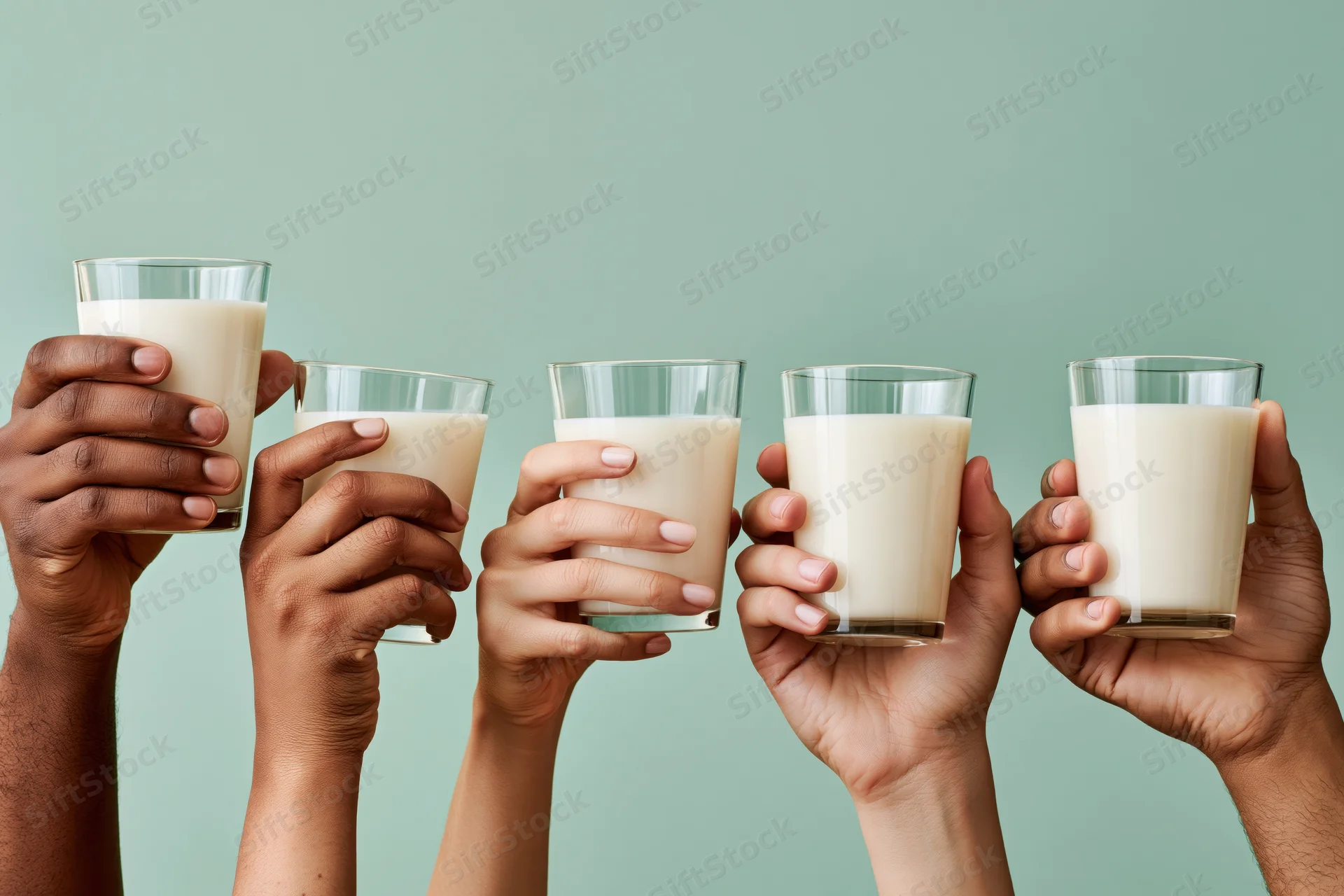 Five hands holding glasses of milk raised against a mint green background