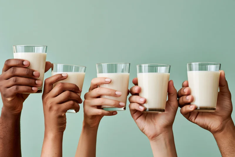 Five hands holding glasses of milk raised against a mint green background