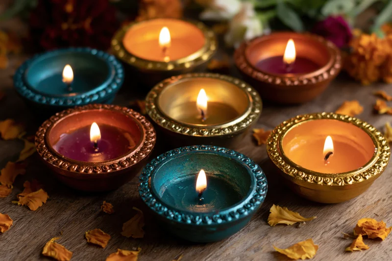 Lit diya oil lamps arranged on wooden surface with flower petals around
