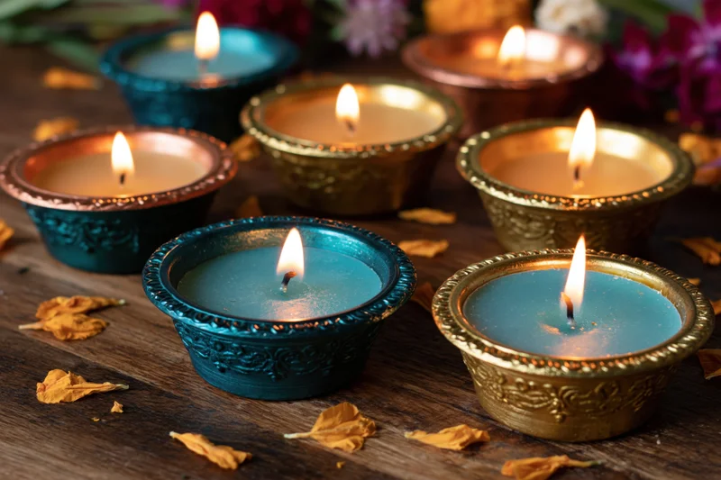 Lit diya oil lamps arranged on wooden surface with dried flower petals