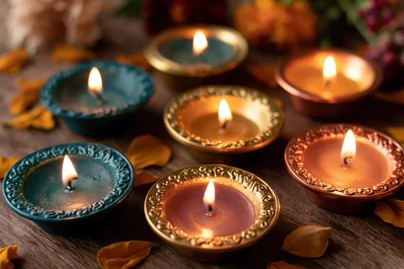 Lit diya oil lamps arranged on wooden surface with flower petals around