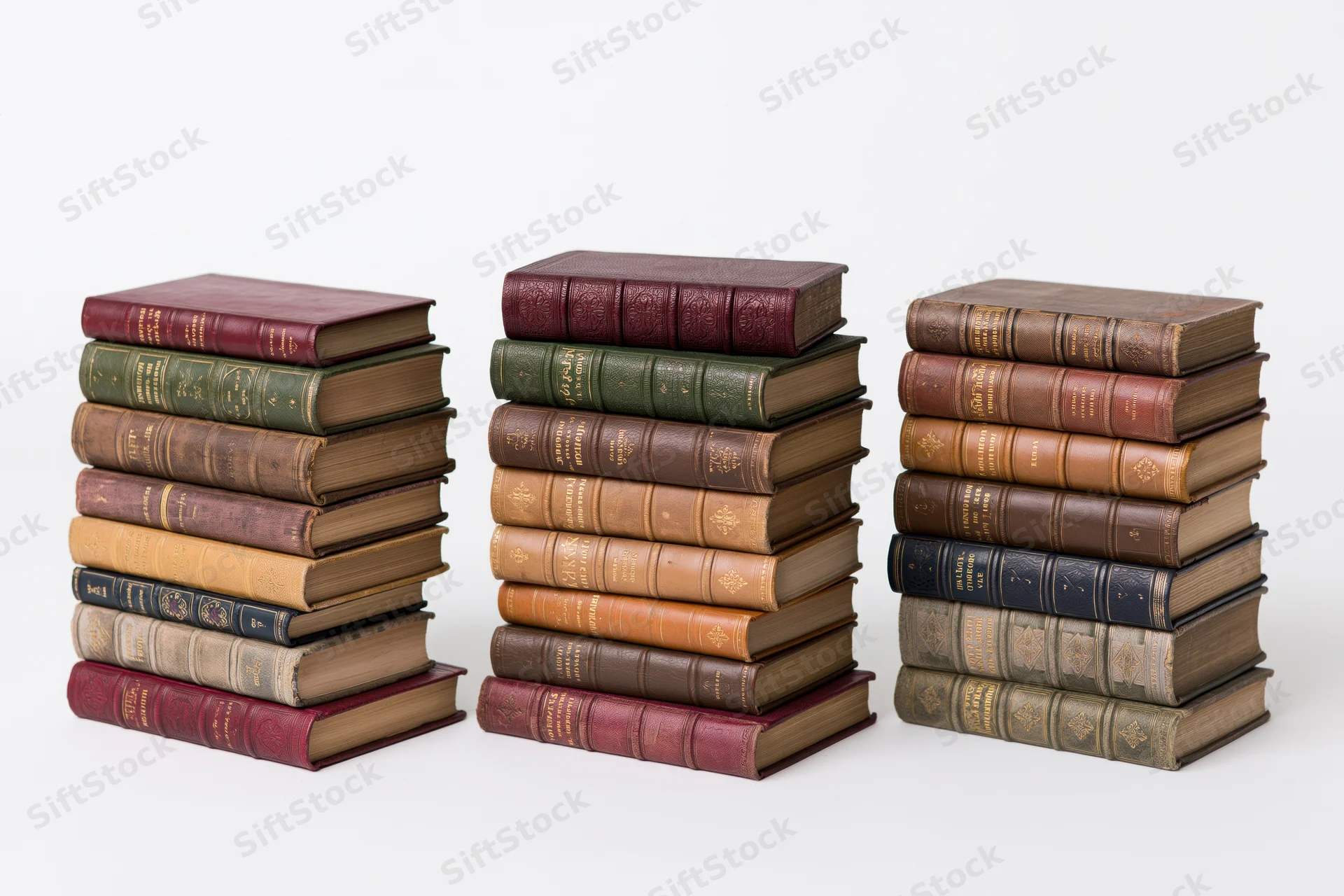 Three stacks of vintage leather-bound books arranged side by side on a white surface