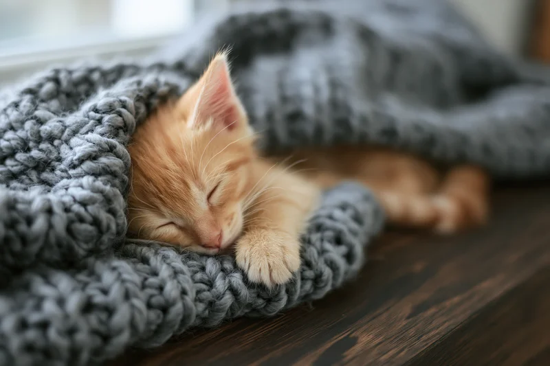 Ginger kitten sleeping peacefully tucked in a gray knitted blanket on a wooden floor