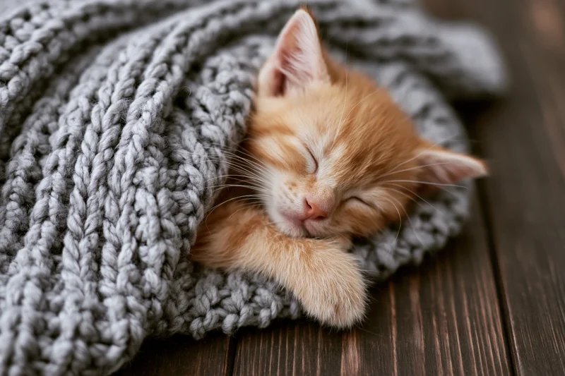 Ginger kitten sleeping curled in a gray knitted blanket on wooden floor