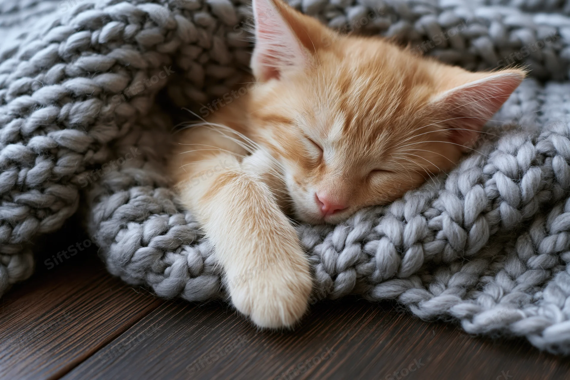 Ginger kitten sleeping peacefully tucked in a gray knitted blanket on a wooden floor