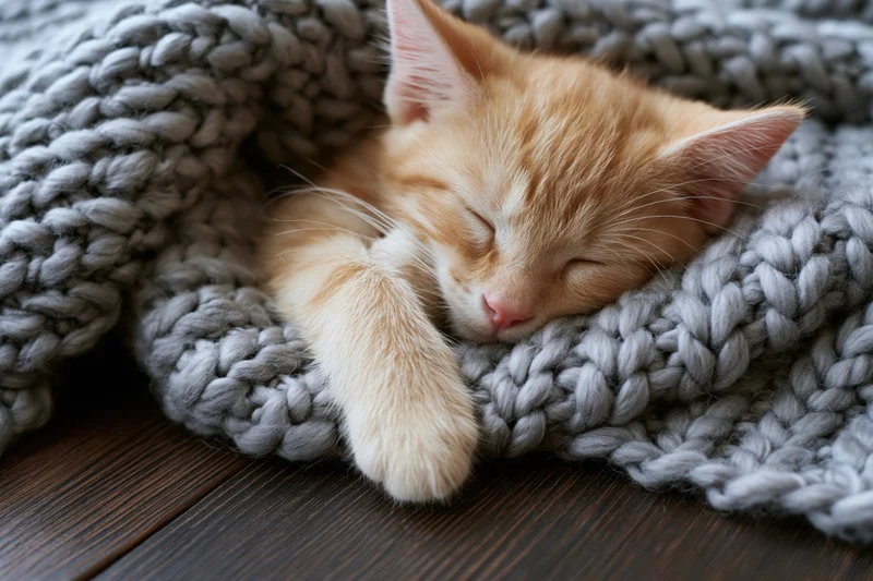 Ginger kitten sleeping peacefully tucked in a gray knitted blanket on a wooden floor