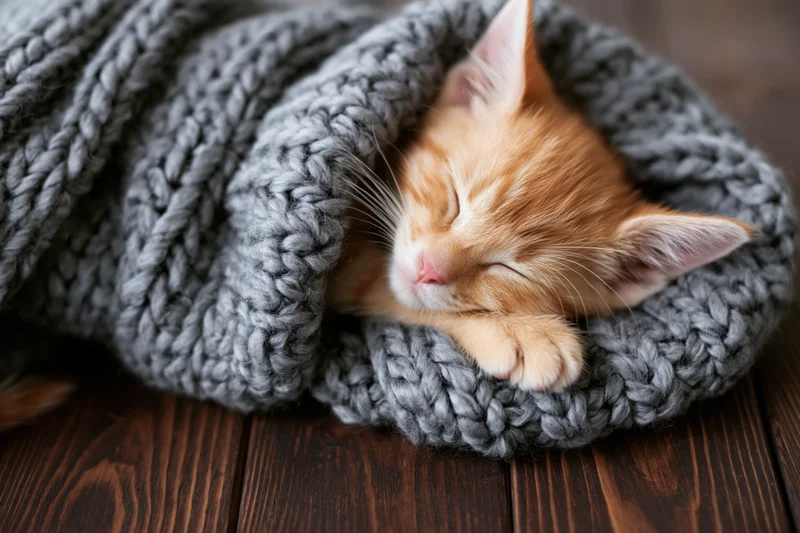 Ginger kitten sleeping peacefully wrapped in a thick knitted blanket on a wooden floor
