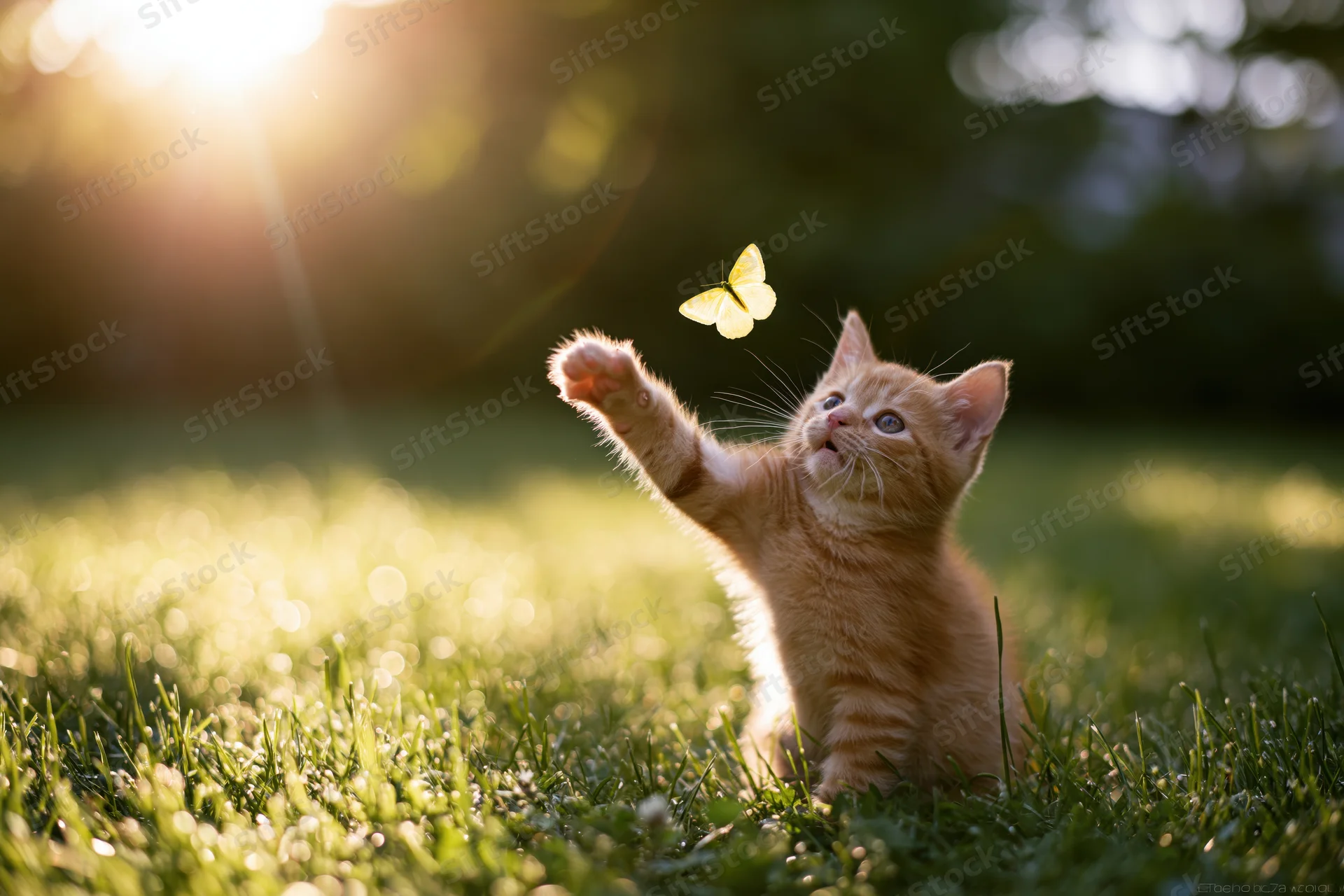 Orange tabby kitten reaching with one paw toward a butterfly in green grass under sunlight