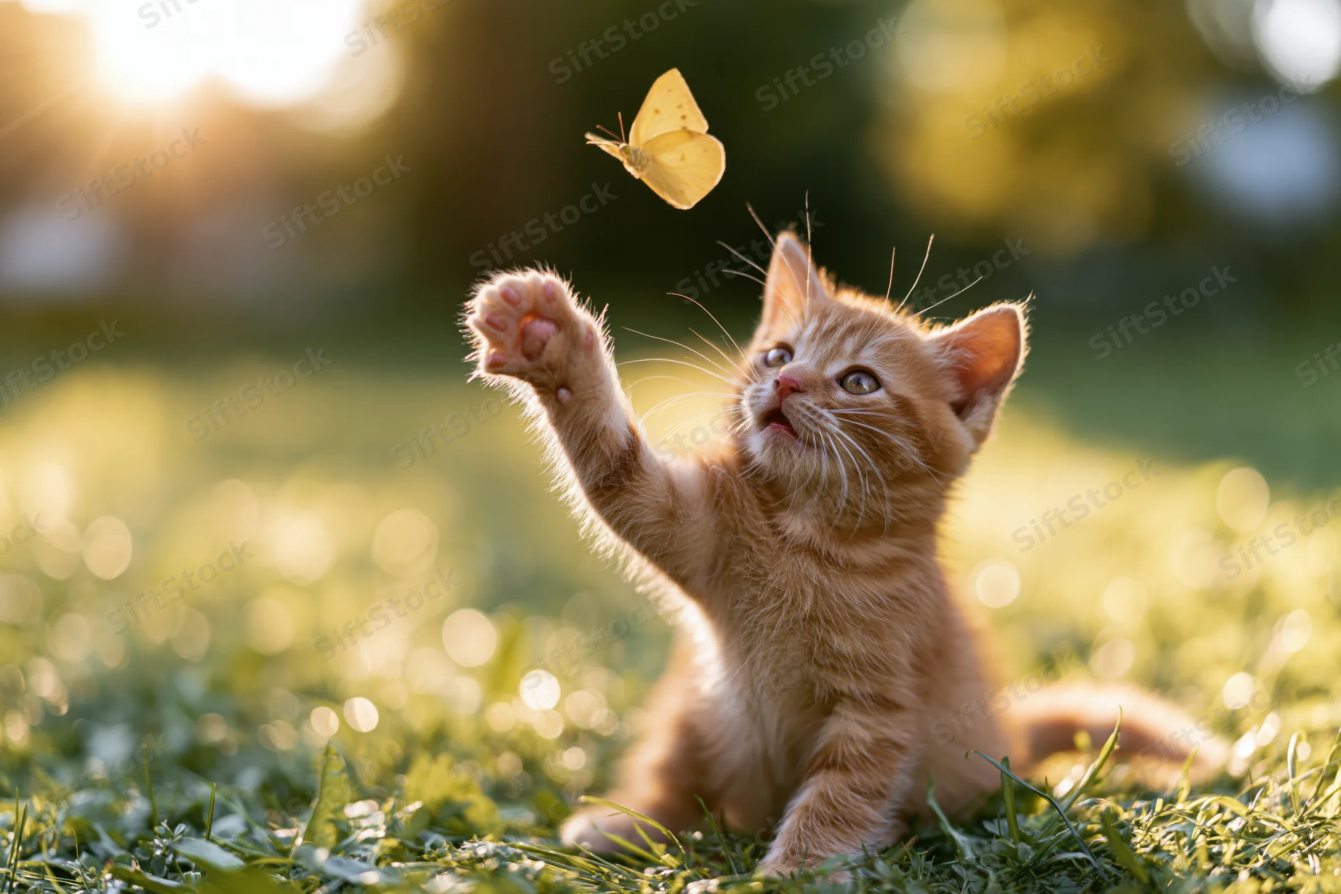 Orange tabby kitten reaching with one paw toward a yellow butterfly in green grass during golden hour