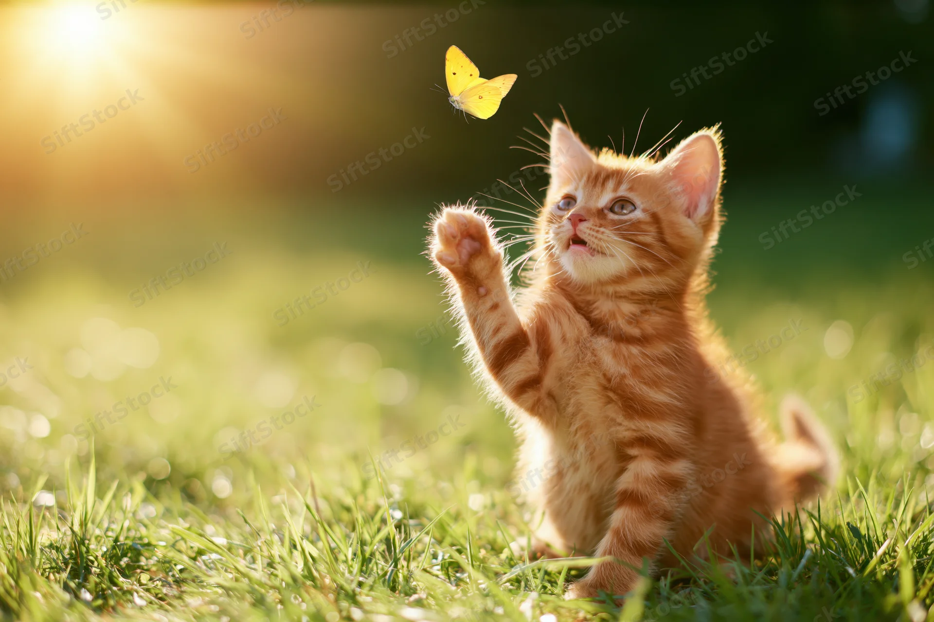 Orange tabby kitten sitting in green grass with one paw raised toward a yellow butterfly