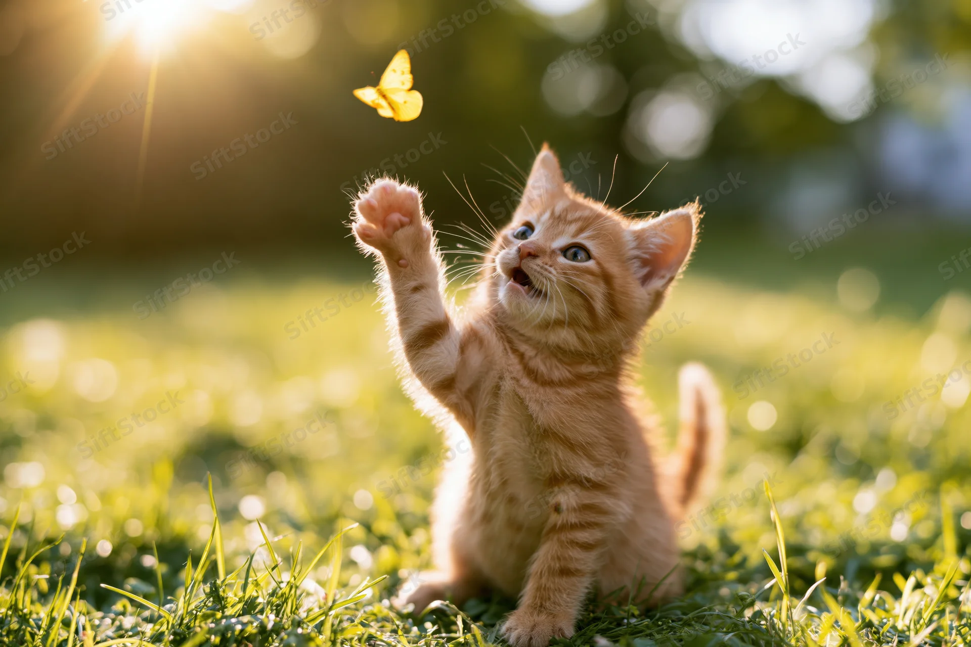 Orange tabby kitten sitting in green grass reaching up with one paw toward a yellow butterfly in sunlight