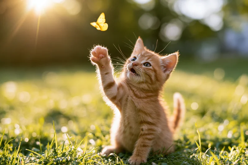 Orange tabby kitten sitting in green grass reaching up with one paw toward a yellow butterfly in sunlight