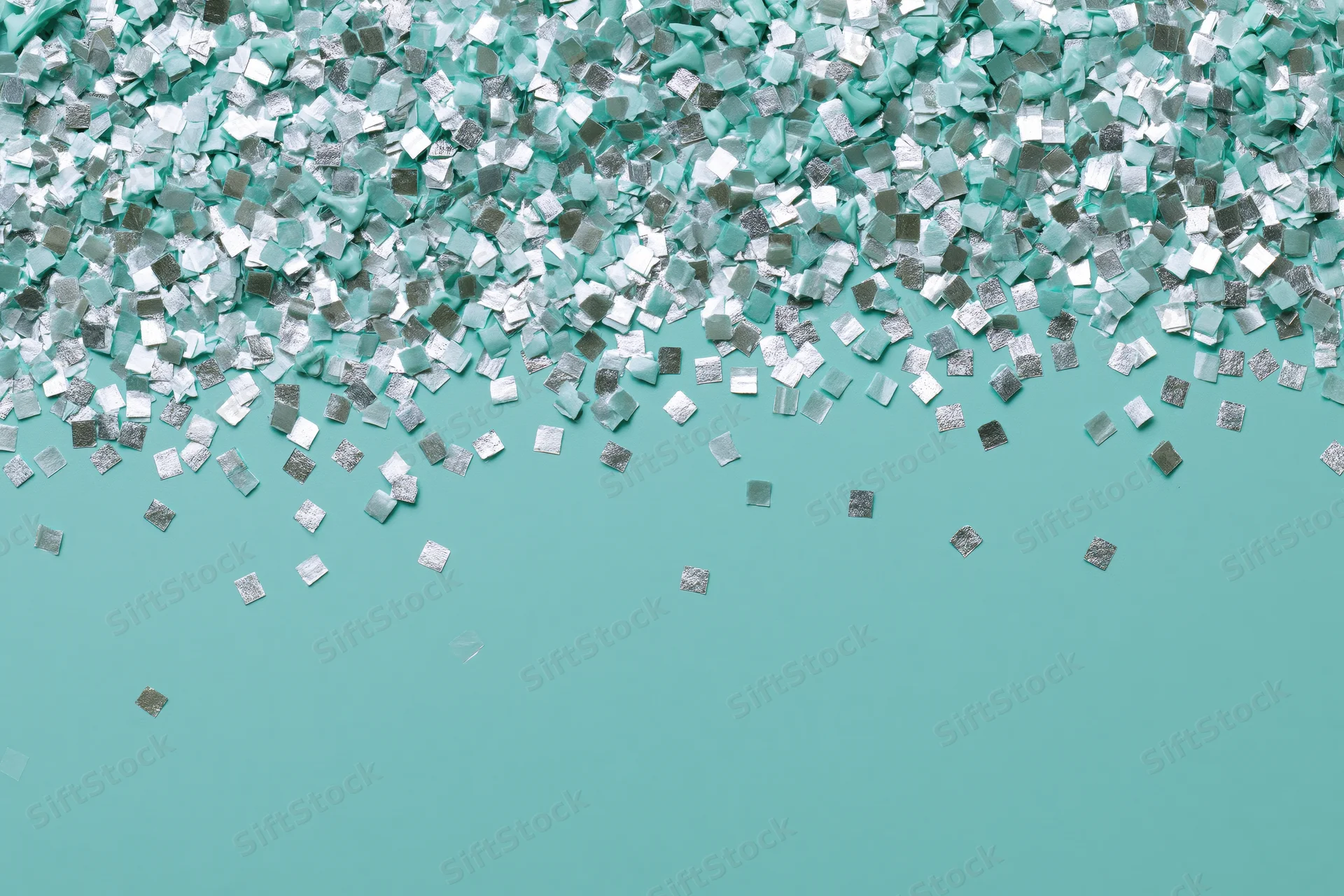 Square silver and mint confetti scattered densely at top fading to sparse on teal background with copyspace below