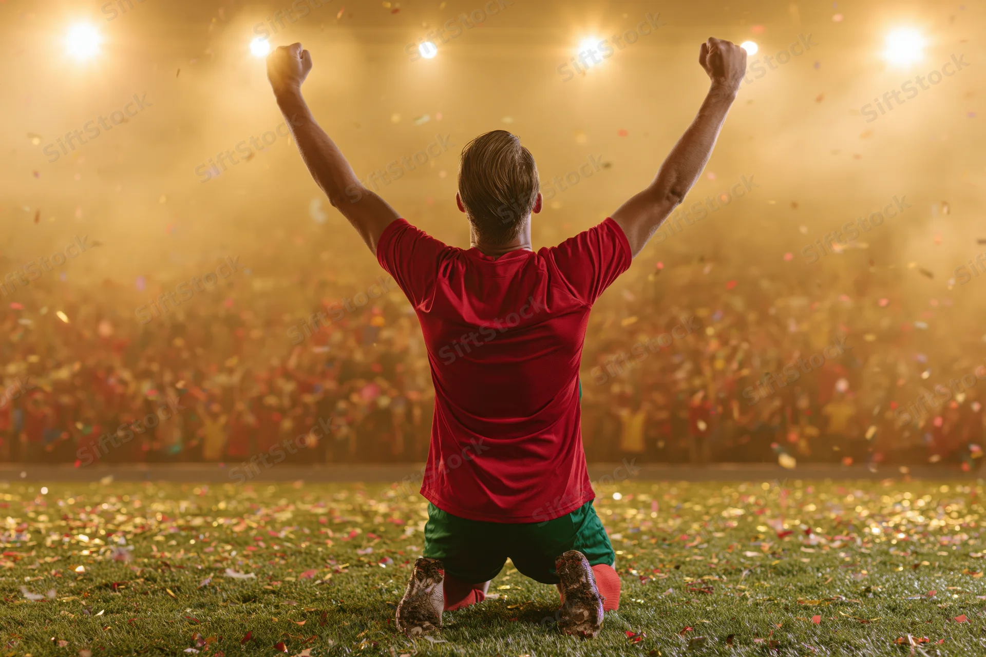 Soccer player kneeling on grass field with arms raised in victory under stadium lights and falling confetti