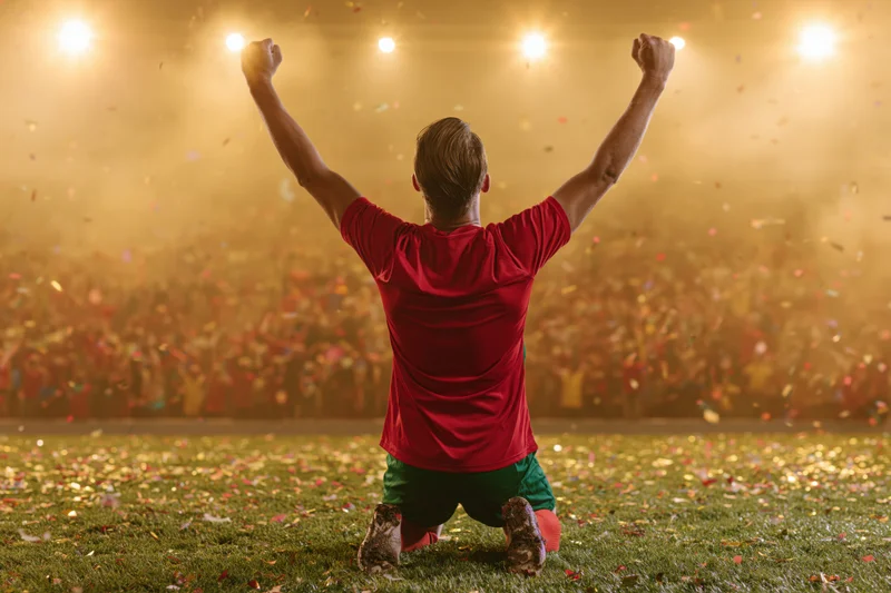Soccer player kneeling on grass field with arms raised in victory under stadium lights and falling confetti