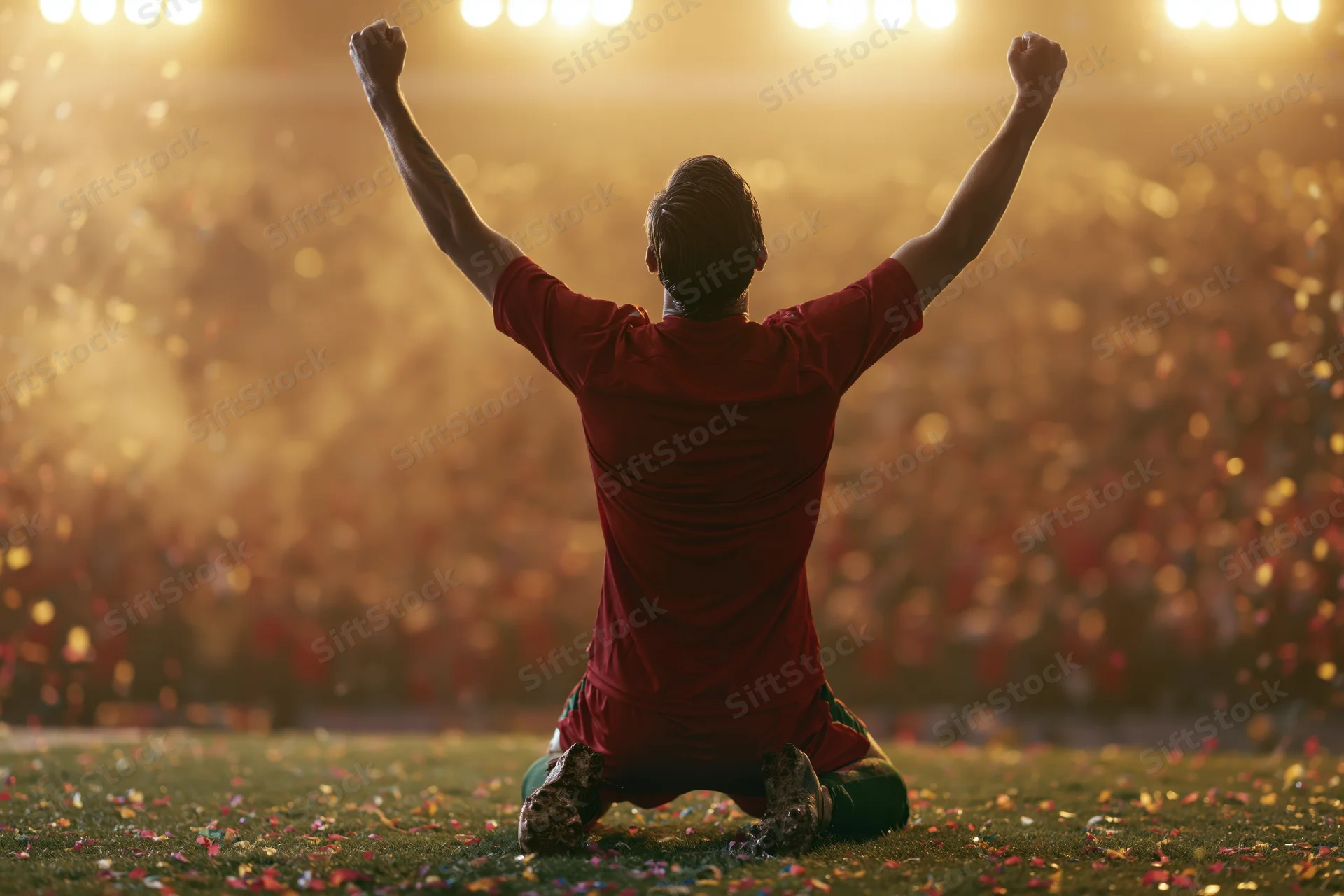 Soccer player kneeling on grass pitch with arms raised in victory under stadium lights