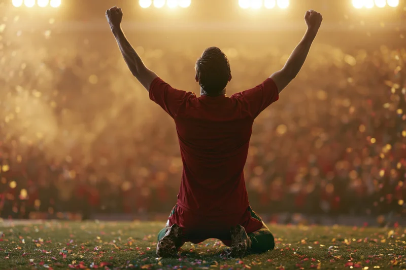 Soccer player kneeling on grass pitch with arms raised in victory under stadium lights