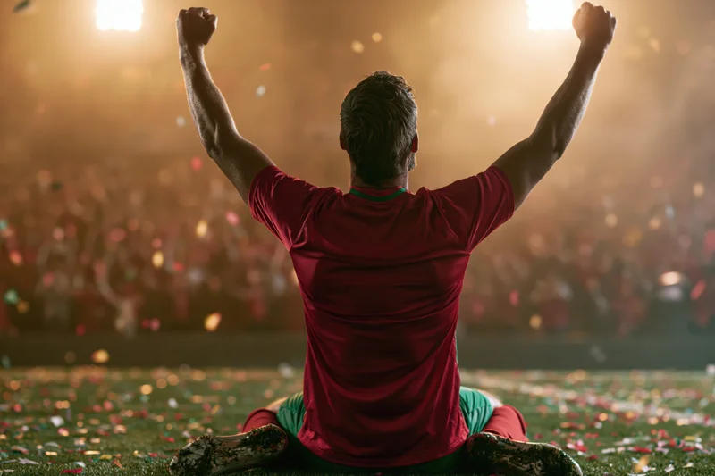 Soccer player kneeling on grass pitch with arms raised in victory under stadium lights