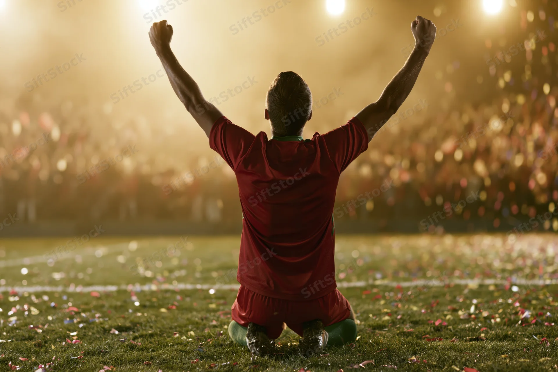 Soccer player kneeling on grass field with arms raised in victory under stadium lights