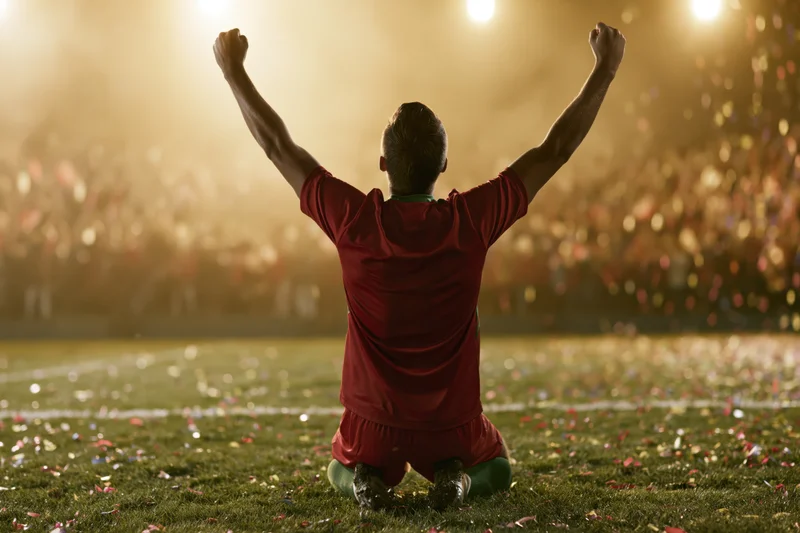 Soccer player kneeling on grass field with arms raised in victory under stadium lights