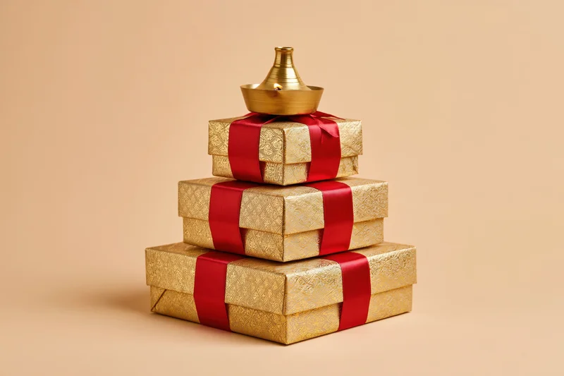 Pyramid stack of golden gift boxes with red ribbons topped by a brass diya lamp on a beige background