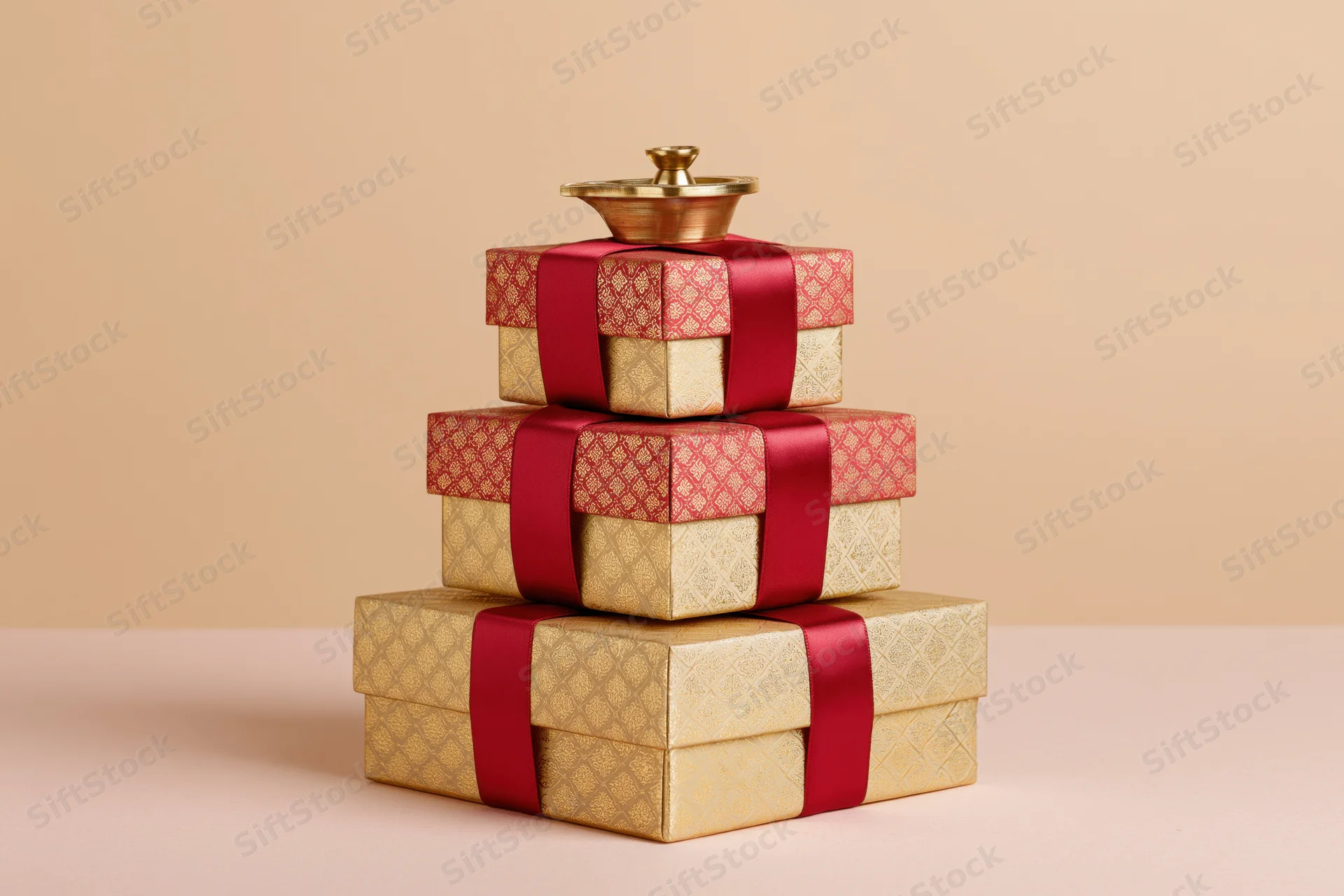 Stack of diwali gift boxes arranged in pyramid shape with red ribbon and brass diya on top