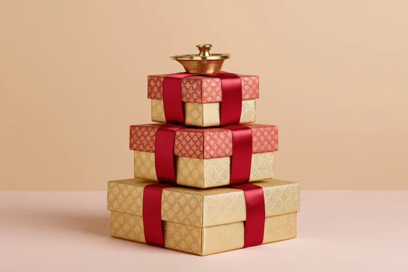 Stack of diwali gift boxes arranged in pyramid shape with red ribbon and brass diya on top