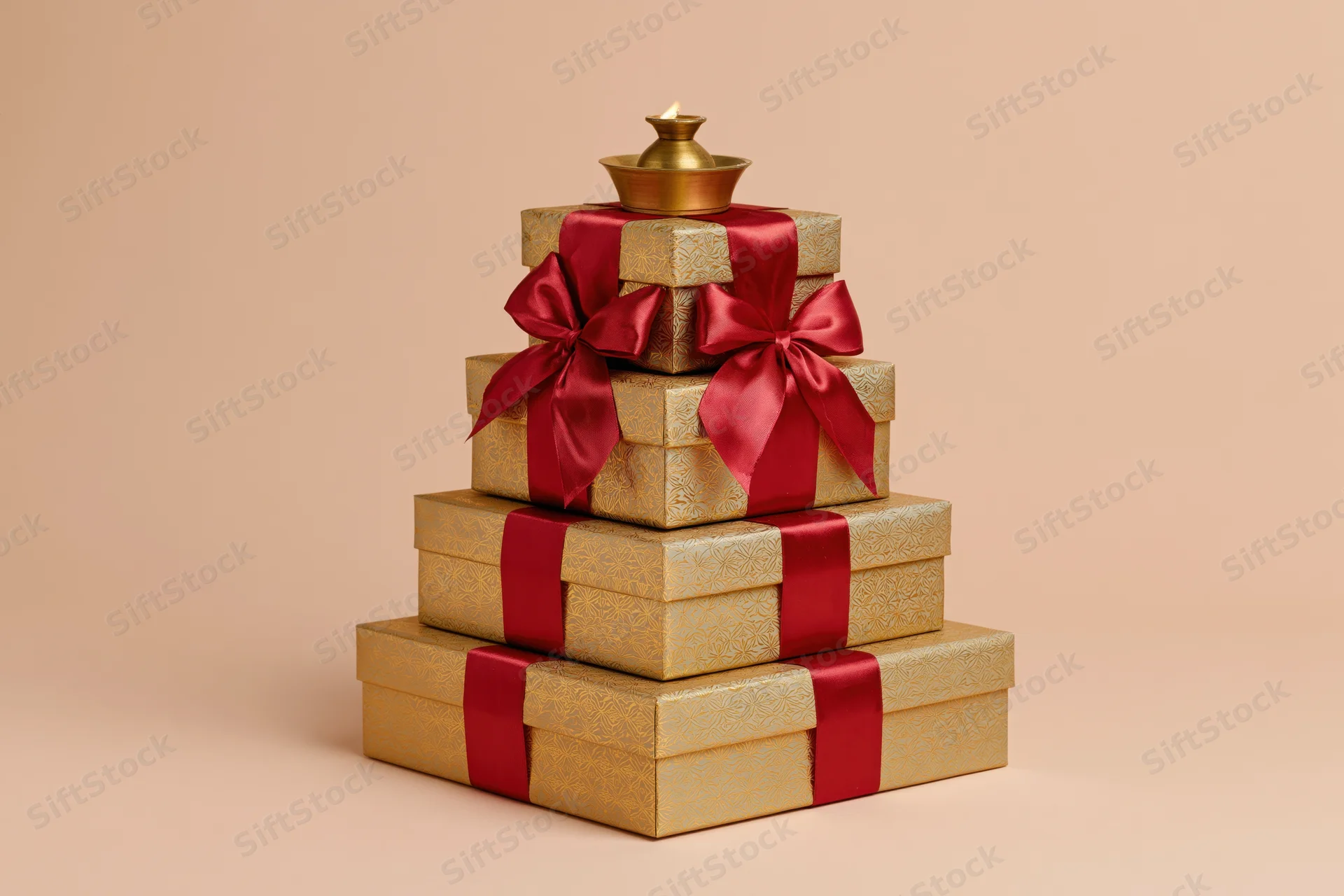 Stack of golden gift boxes tied with red ribbons arranged in pyramid shape with diya candle on top