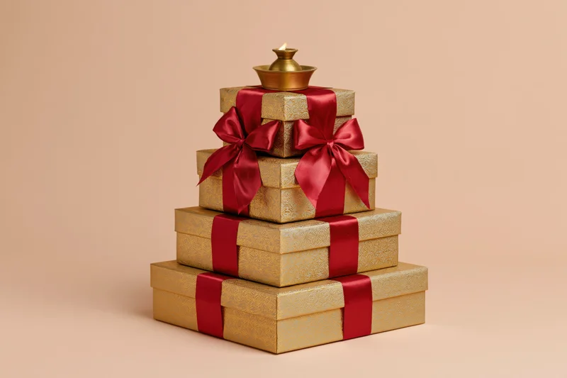 Stack of golden gift boxes tied with red ribbons arranged in pyramid shape with diya candle on top