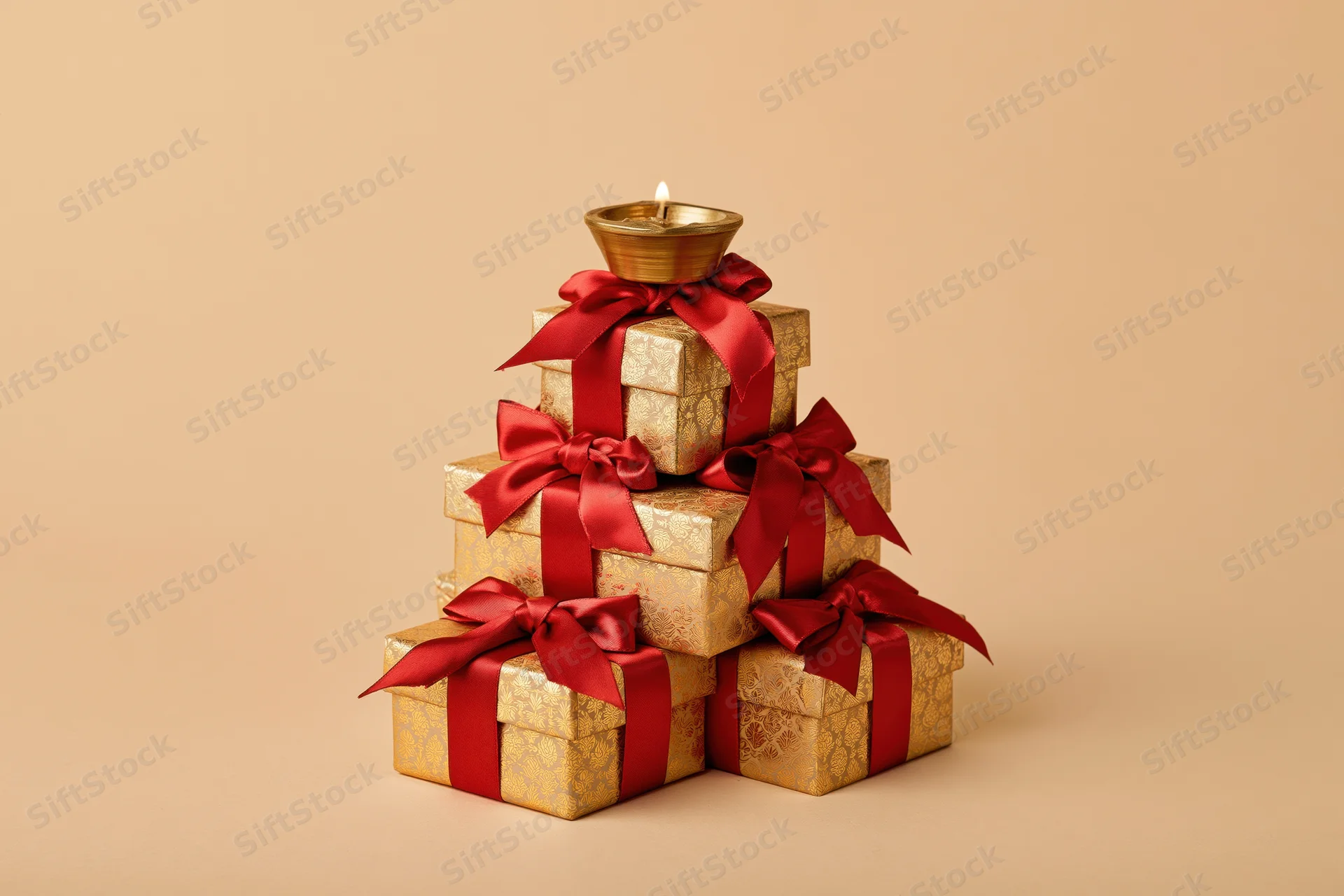 Pyramid of golden gift boxes with red ribbons and a lit candle on top against a beige background