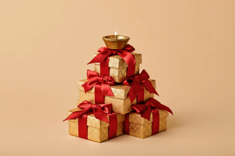 Pyramid of golden gift boxes with red ribbons and a lit candle on top against a beige background