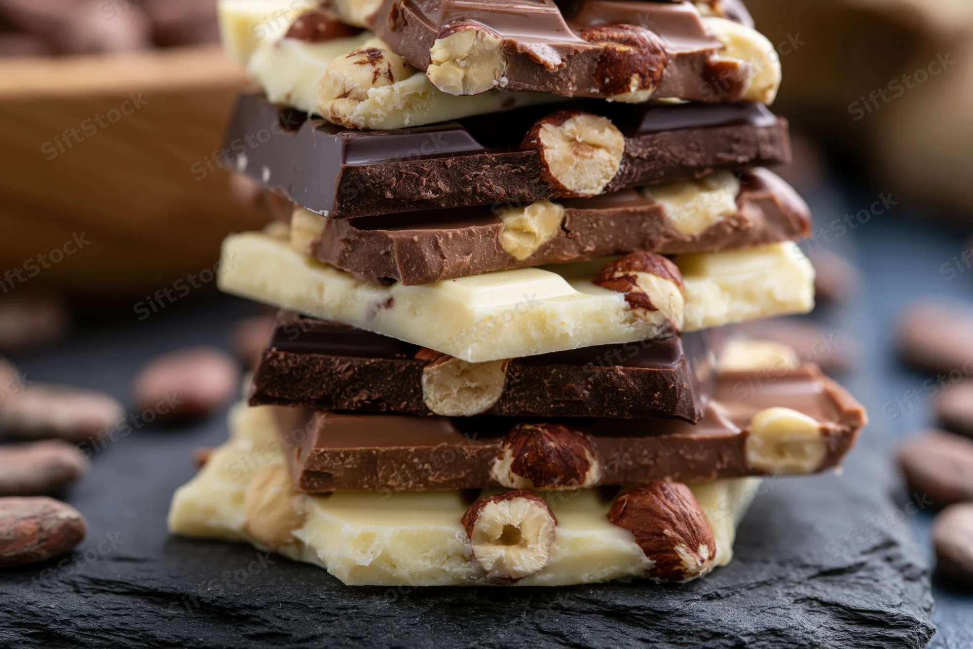 Stack of broken chocolate bar pieces layered on slate with nuts scattered around