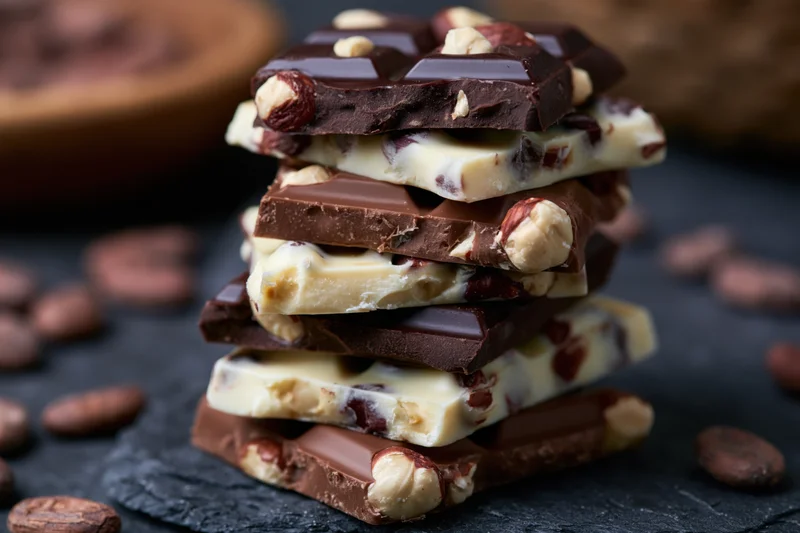 Stack of broken chocolate bar pieces layered on dark surface with coffee beans scattered around