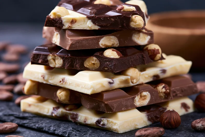 Stack of broken chocolate bar pieces layered on slate surface with cocoa beans and hazelnuts