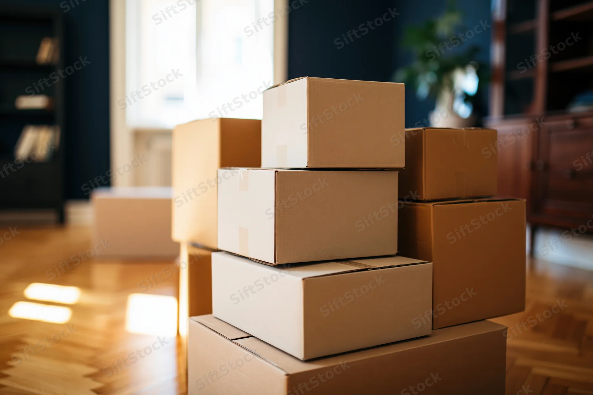 Stack of cardboard moving boxes piled on herringbone parquet floor in living room
