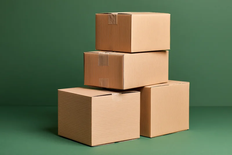 Stack of closed cardboard shipping boxes piled in varying sizes on green background