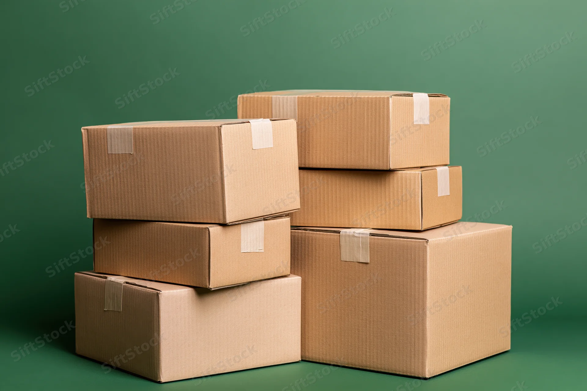 Stacked cardboard shipping boxes of varying sizes on a green background